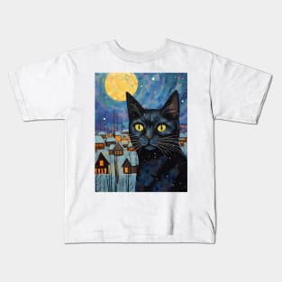 Black Cat Christmas Starry Night Kids T-Shirt